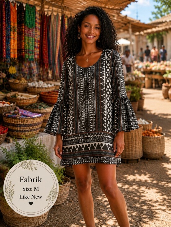 fab'rik Dresses & Skirts - Fab'rik Boho Printed Bell Sleeve Mini Dress | Size M | Black & Ivory